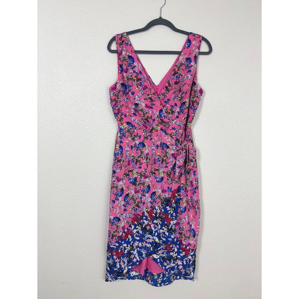 Bleecker 126 Pink Floral Faux Wrap Sheath Dress‎ 8 Sleeveless V-Neck Tie Side